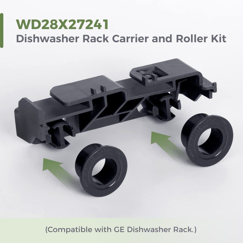 GREALTH طقم حامل رف غسالة الأطباق وبكرات WD28X27241، متوافق مع عجلات الرف السفلي لغسالات أطباق جنرال إلكتريك، يناسب الجانبين الأيمن والأيسر. بديل مطابق تمامًا للأرقام التالية: WD12X28078، WD12X10438، WD12X10439، WD12X10446 (قطعة واحدة). - Image 2